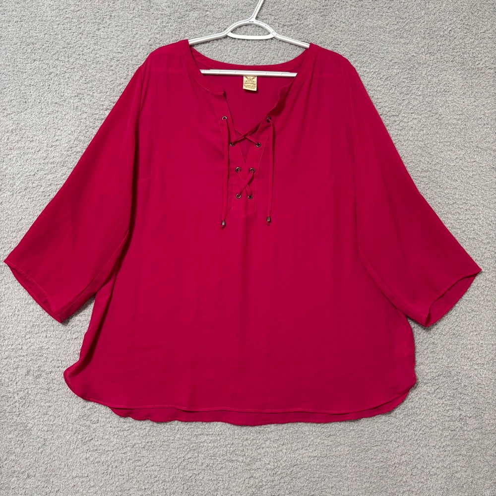 Polished Casual Plus Size 2X Hot Pink Lace-Up Tunic Blouse Roll-Tab Sleeves